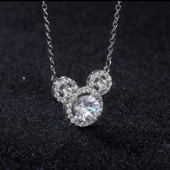 Mickey Mouse Diamond Silver Chain Necklace Pendant Dangle Round CZ Stone - Picture 3 of 4